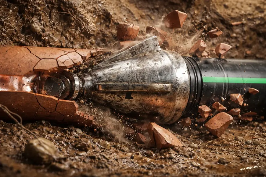 Cracked and broken sewer pipe that can cause a sewer smell in the yard, found in Fullerton