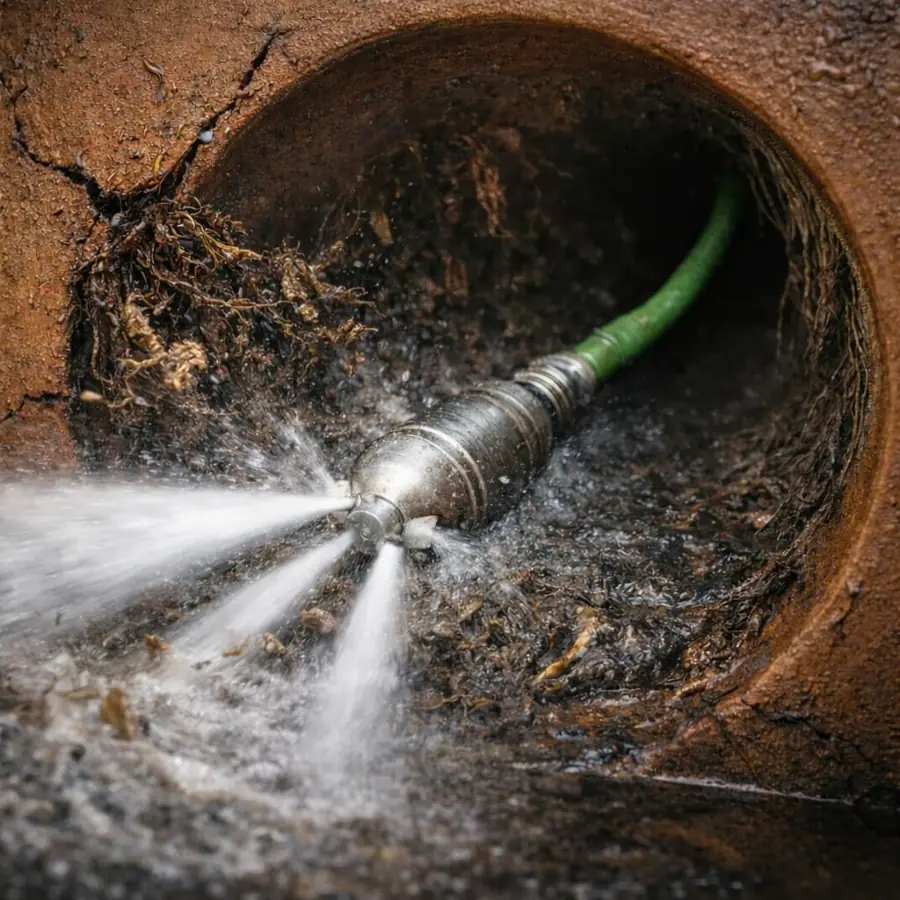 Hydro jetting a main sewer line in La Habra to clear roots and debris