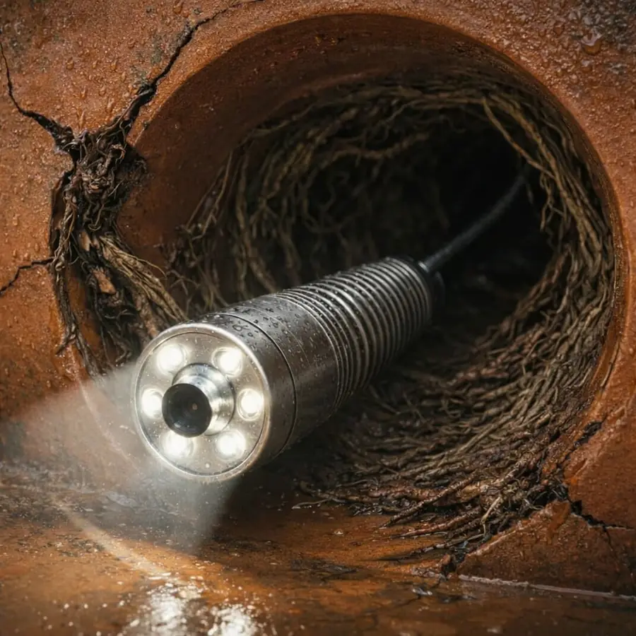 Sewer camera inspection finding roots inside a clogged sewer line in La Mirada and Whittier