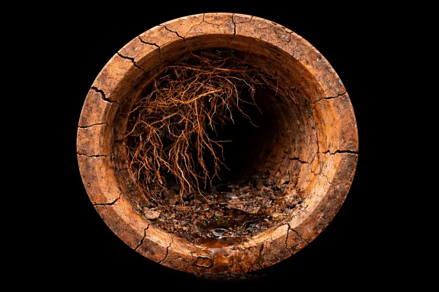 Tree roots grown into an old sewer pipe, one of the most common drain problems in La Habra and Fullerton