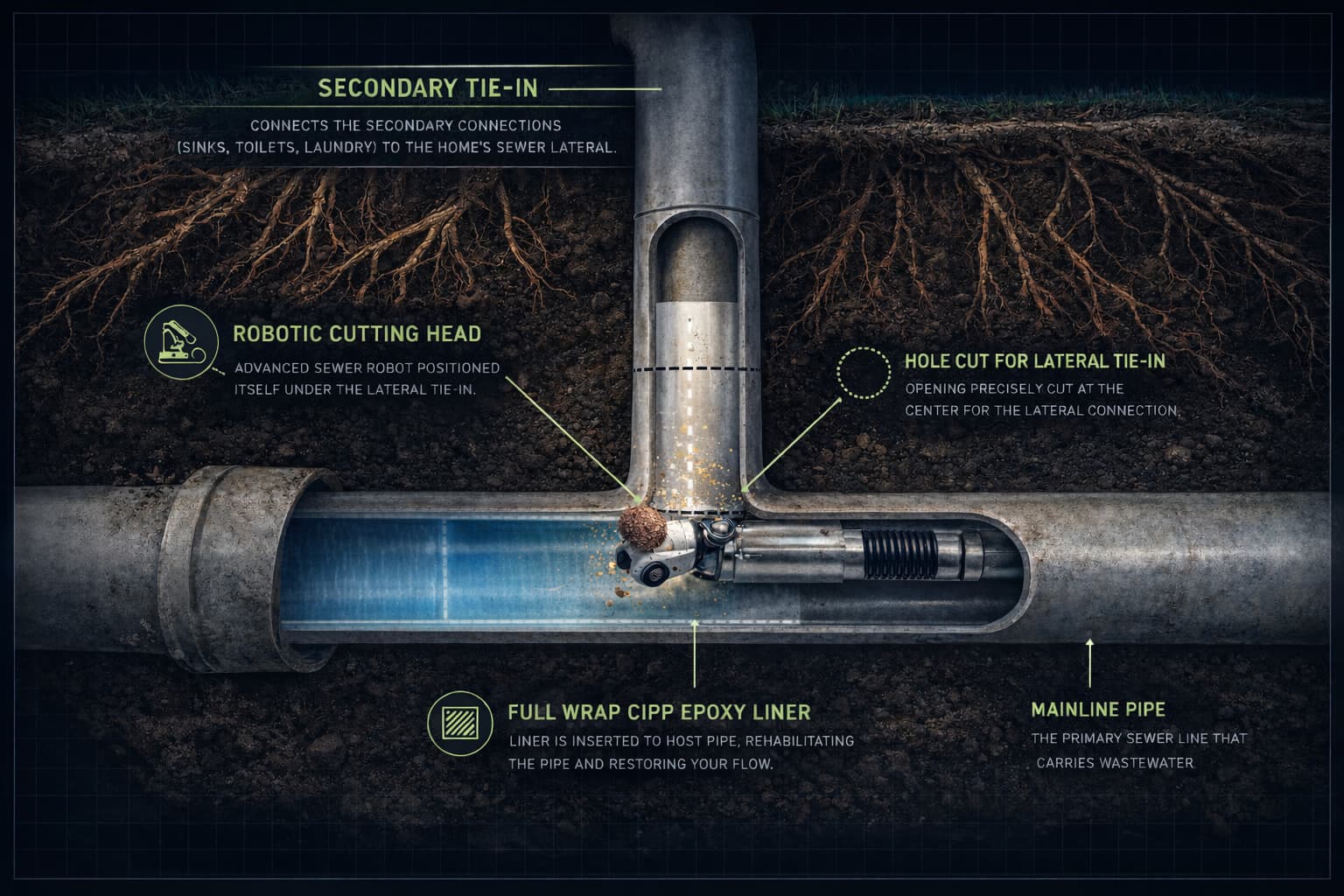 Sewer robotics process diagram showing robotic cutting head, lateral tie-in, CIPP liner, and mainline pipe